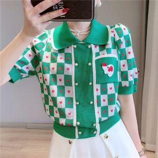 Short Sleeve Checkered Heart Knit Top