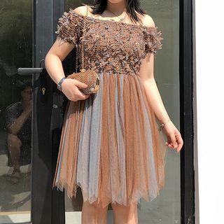 Off-shoulder Short-sleeve Mesh Dress