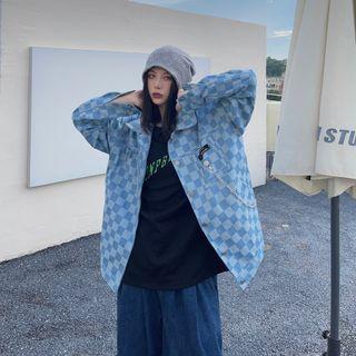 Checkered Chain Accent Denim Jacket