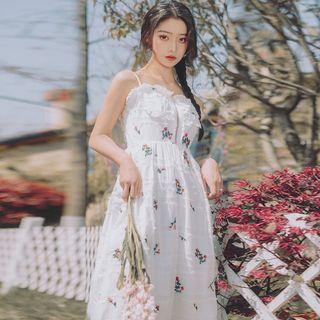 Spaghetti Strap Floral Frill Trim A-line Midi Dress