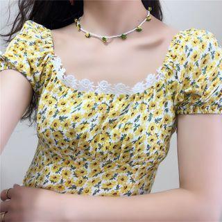 Daisy Printed Square-neck Lace-trim Puff-sleeve Dress