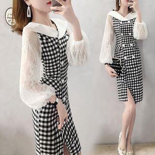 Lace-sleeve Double-breasted Gingham Sheath Dress