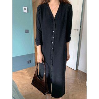 V-neck Button-detail Long Knit Dress