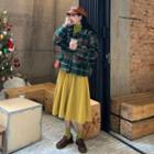 Mock-neck Long-sleeve Top / Plaid Button Jacket / A-line Skirt