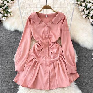 Long Sleeve V-neck Plain A-line Shirt Dress