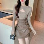 Long-sleeve Cutout Knit Top / Lace-up Faux Leather Mini Pencil Skirt / Set
