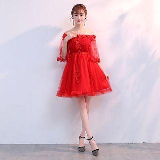 Off-shoulder Lace Embroidered Cocktail Dress Red - One Size