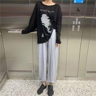 Long-sleeve Printed T-shirt / High-waist Plain Harem Pants