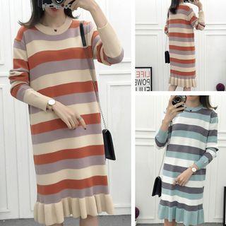 Striped Ruffle Hem Long-sleeve Knit Dress