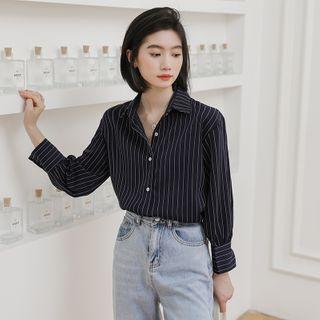 Pinstriped Long-sleeve Blouse Navy Blue - One Size