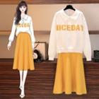 Set: Collared Lettering Sweater + A-line Skirt Sweater - White - One Size / Skirt - Yellow - One Size