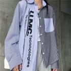 Long-sleeve Striped Lettering Print Color Block Shirt As Shown In Figure - One Size