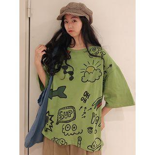 Elbow-sleeve Asymmetric Print T-shirt