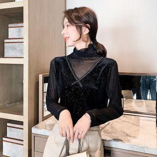 Mesh Panel Velvet Cowl-neck Long Sleeve Top