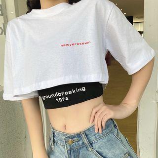 Set: Short-sleeve Crop T-shirt + Lettering Crop Tank Top