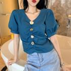 Puff-sleeve Vintage Buttoned T-shirt