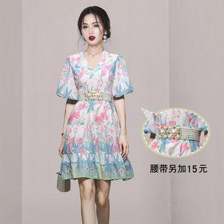 Puff-sleeve Floral Mini A-line Dress / Belt