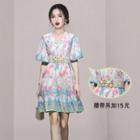 Puff-sleeve Floral Mini A-line Dress / Belt