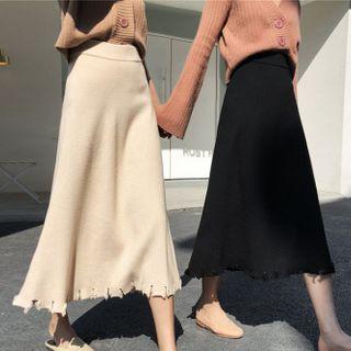 Distressed Knit Midi A-line Skirt