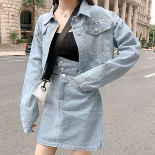 Set: Cropped Denim Jacket + Mini A-line Denim Skirt