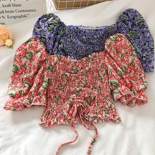 Floral Square Neck Puff-sleeve Drawstring Blouse