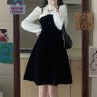 Long-sleeve Mesh Panel T-shirt / Bow Detail Mini Overall Dress