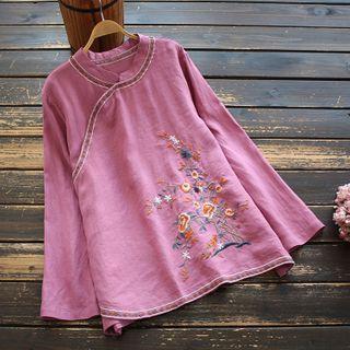 Long-sleeve Floral Embroidery Mandarin-neck Top