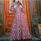 Ruffle Trim Patterned Tasseled Maxi Dress