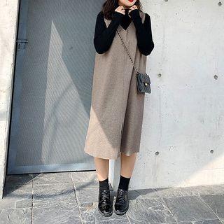 Set: Turtleneck Lettuce Edge Long-sleeve Top + V-neck Midi Pinafore Dress