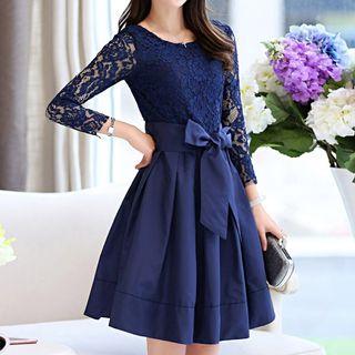 Lace Panel Bow-accent A-line Dress