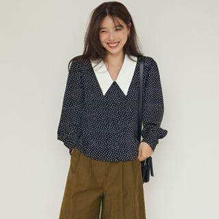 Collared Long-sleeve Dotted Shirt Black - One Size