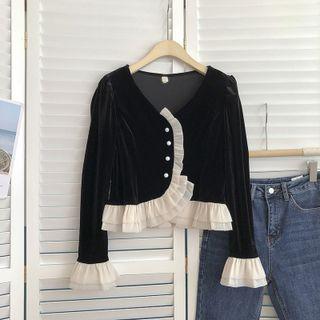 V-neck Lace Panel Bell-sleeve Shirt Black - One Size
