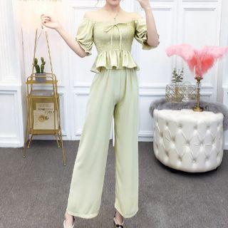 Set: Off-shoulder Smocked Blouse + Wide Leg Pants