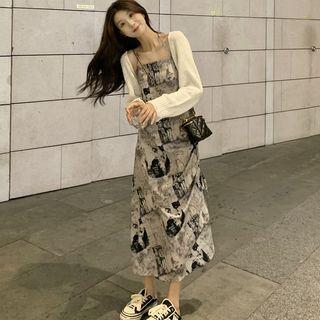 Spaghetti Strap Tie-dye Drawstring Midi Dress