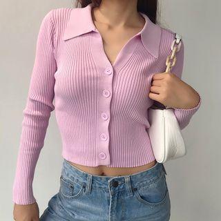 Plain Ribbed Button-up Knit Cardigan