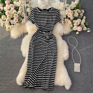 Stripe Short Sleeve Slit Maxi Dress