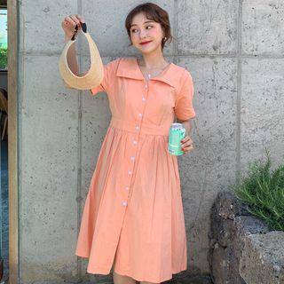 Single-breasted Short-sleeve A-line Dress As Shown In Figure - One Size