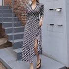 V-neck 3/4-sleeve Patterned Midi A-line Dress