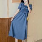 Short-sleeve Square-neck Frill Trim Shirred Midi A-line Dress