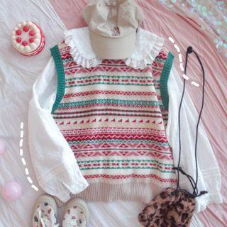 Patterned Sweater Vest Green & Red & Beige - One Size