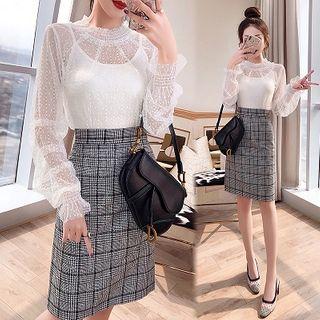 Set: Camisole Top + Lace Blouse + Plaid Pencil Skirt