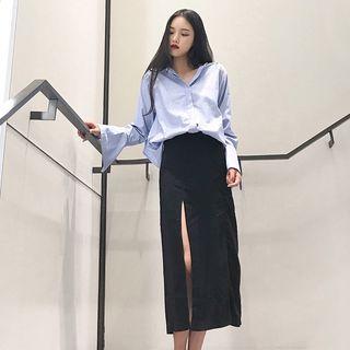 Bell-sleeve Open Back Shirt / Slit Front Midi Skirt
