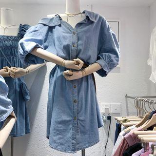 Balloon-sleeve Denim Shirtdress As Shown In Figure - One Size