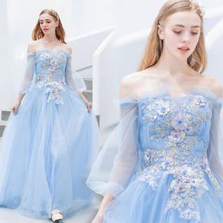 3/4-sleeve Off Shoulder Floral Embroidered Ball Gown