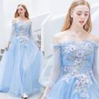 3/4-sleeve Off Shoulder Floral Embroidered Ball Gown