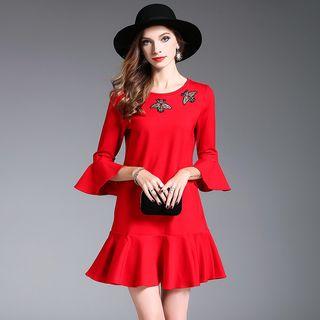 Flare-sleeve Applique Ruffle-hem Dress