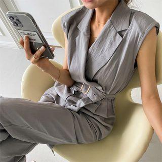 Sleeveless Open-placket Jumpsuit With Belt