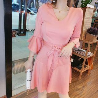 Tie-waist Flared-sleeve A-line Dress
