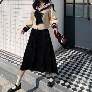 Sailor Collar Sweatshirt / Midi A-line Velvet Skirt