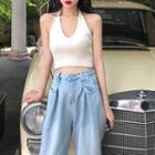 Halter-neck Knit Crop Tank Top / Straight Leg Jeans
